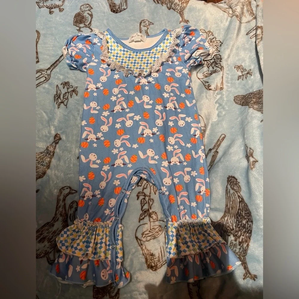 EUC Marie Nicole Easter Bunny Patterned Ruffle Jumpsuit